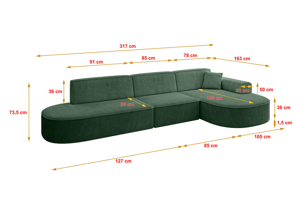 ECKSOFA Ottomane Rechts MARI-L2 - 317x163x73,5 cm Grün Cord - Schwarz/Grün, Holzwerkstoff/Kunststoff (317/163cm) - ALTDECOR