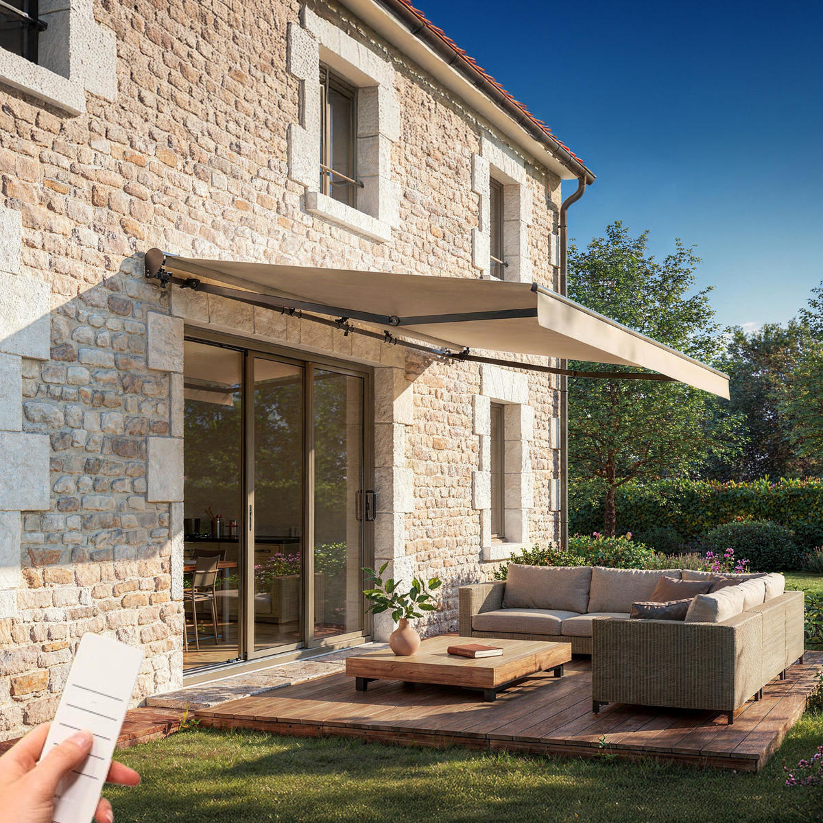 HALBKASSETTENMARKISE Fazzio Beige 5m x 3m motorisierte - Premium-Leinwand 320g/m² - Beige, Metall (500/270/300cm) - Cazeboo