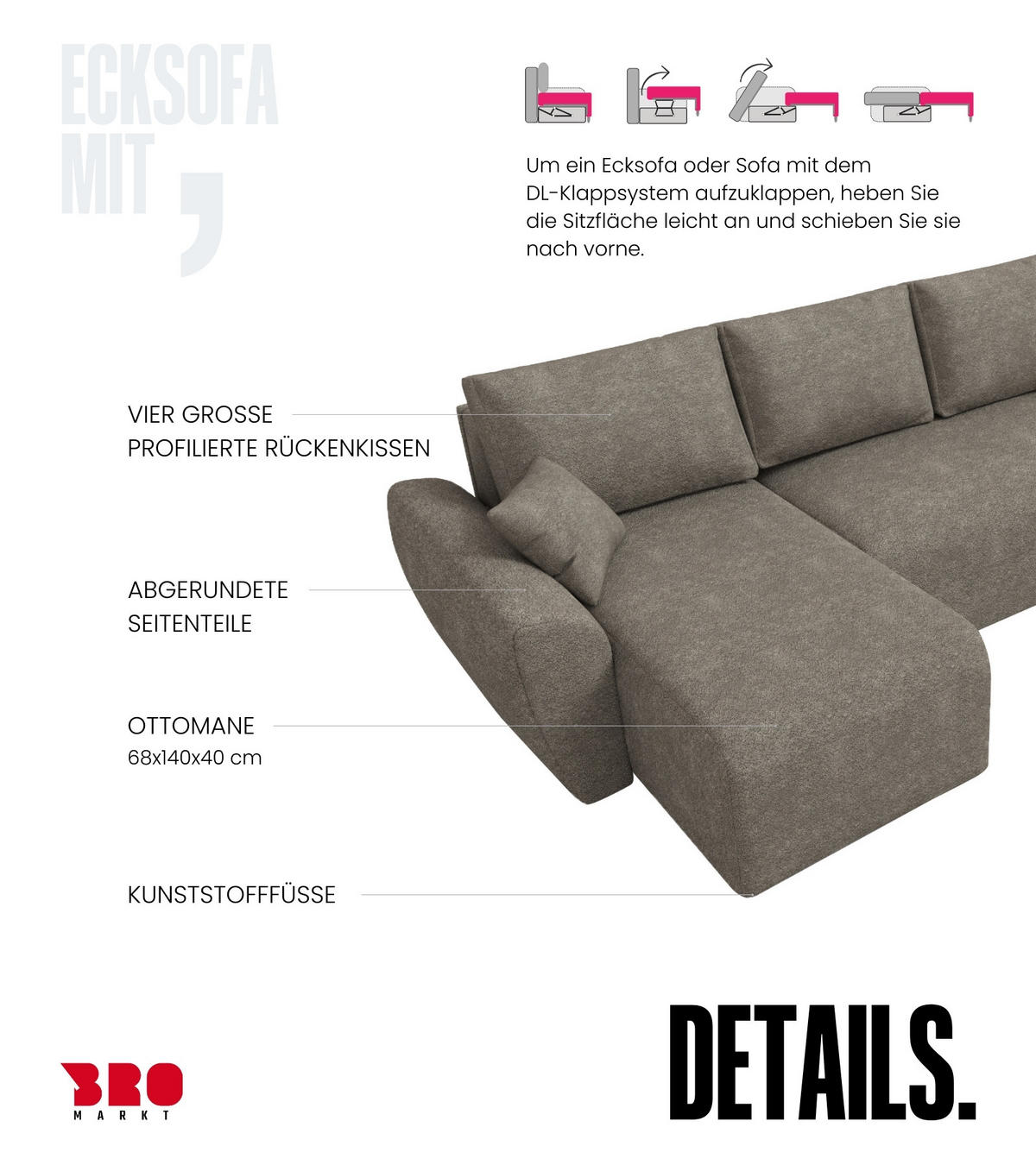 WOHLANDSCHAFT Rotterdam U mit Schlaffunktion Braun Bouclé - Sandfarben, Textil (310/80/141cm) - Bromarkt