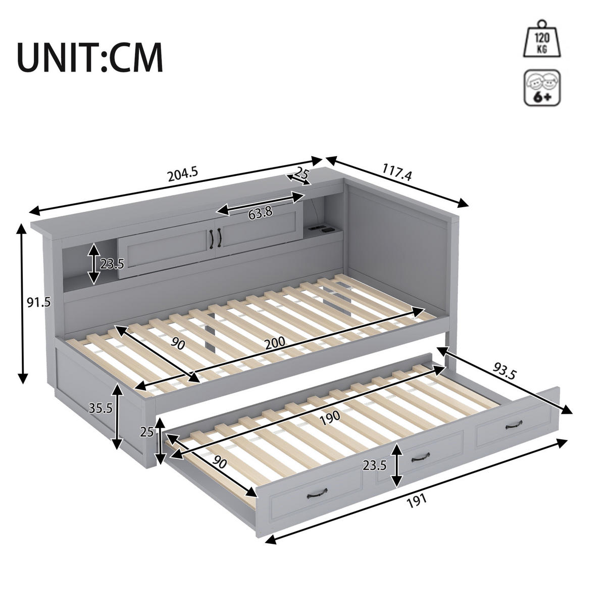 BETT 90/200 cm mit Ausziehbett, LED, USB und Stauraum in Grau - Grau, Holzwerkstoff (90/200cm) - BEAOK