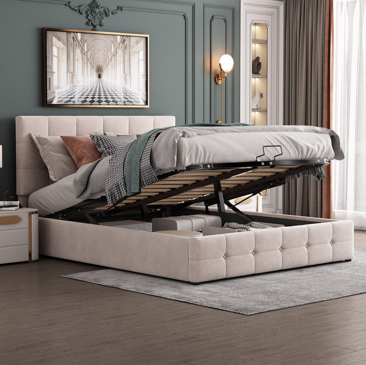 POLSTERBETT mit Bettkasten 203 x 140 cm Samt Cremeweiß - Beige, Metall (140/200cm) - Meubliv