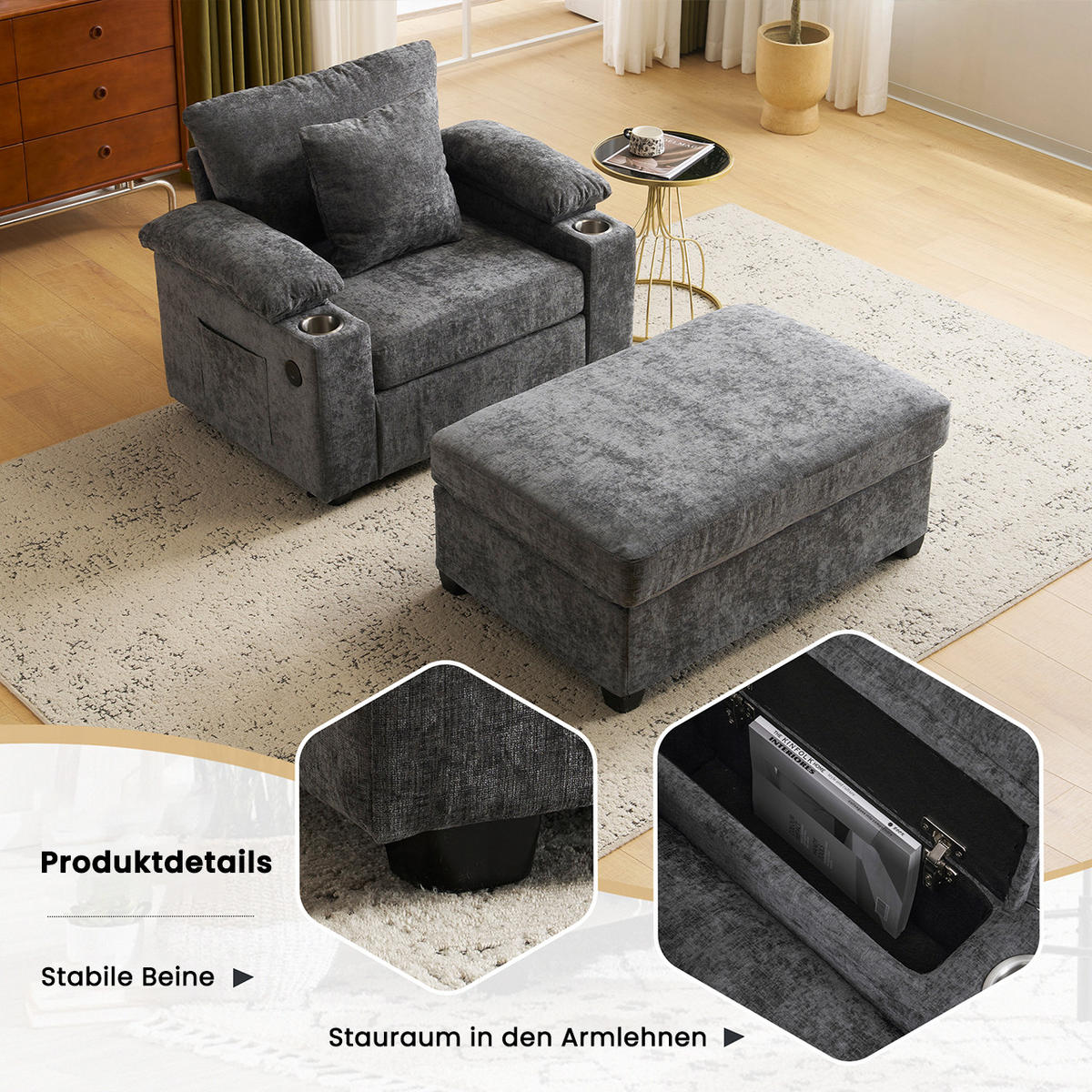 SESSEL DE-35287 mit USB und Getränkehalter Dunkelgrau - Dunkelgrau, Textil (98/83/148cm) - ComfortXL