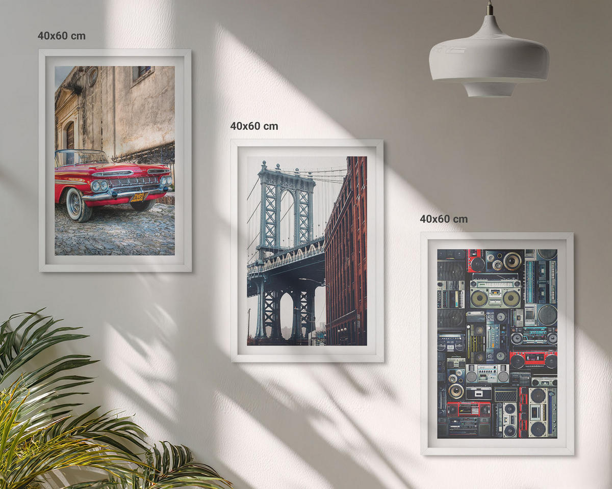 BILDER SET 3er Set - 40x60 cm Weißer Rahmen - Alte Autobrücke Brooklyn Retro-Audio - Weiß, Kunststoff (40/60cm) - TULUP
