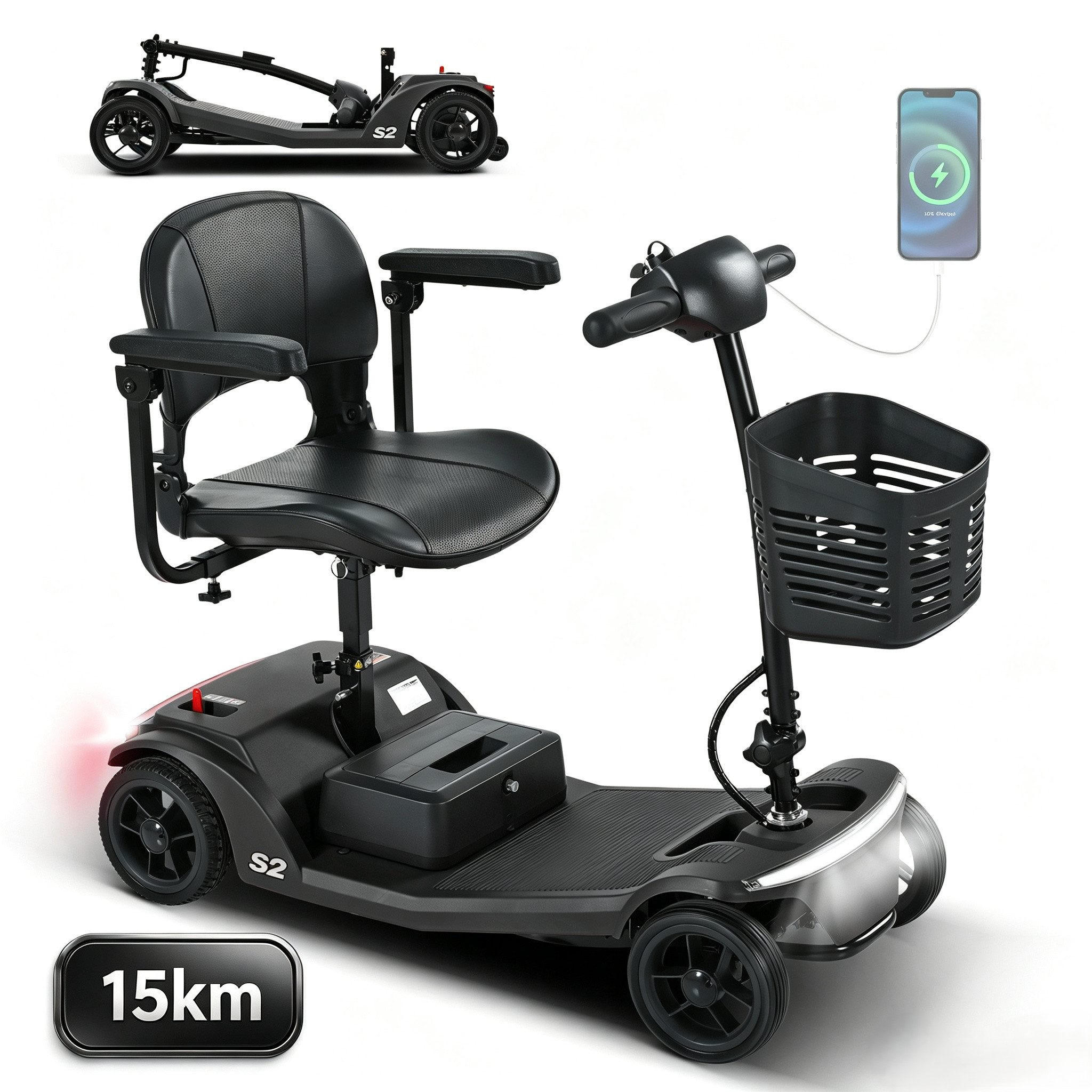 ELEKTROMOBIL mit vier Rädern für Senioren, Tragkraft 136 kg, Geschwindigkeit 6 km/h - Schwarz, Metall (99.9/82/48.5cm)