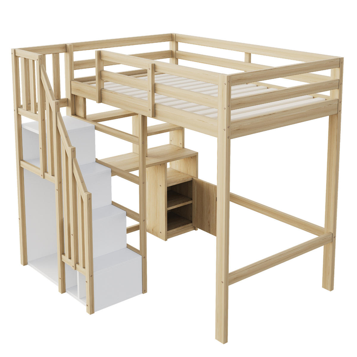 HOCHBETT aus Holz 90x200 cm Naturfarbe mit Schreibtisch, Regalen, Schränken und Treppe mit Stauraum - Naturfarben, Holzwerkstoff (140/200cm) - Modfu