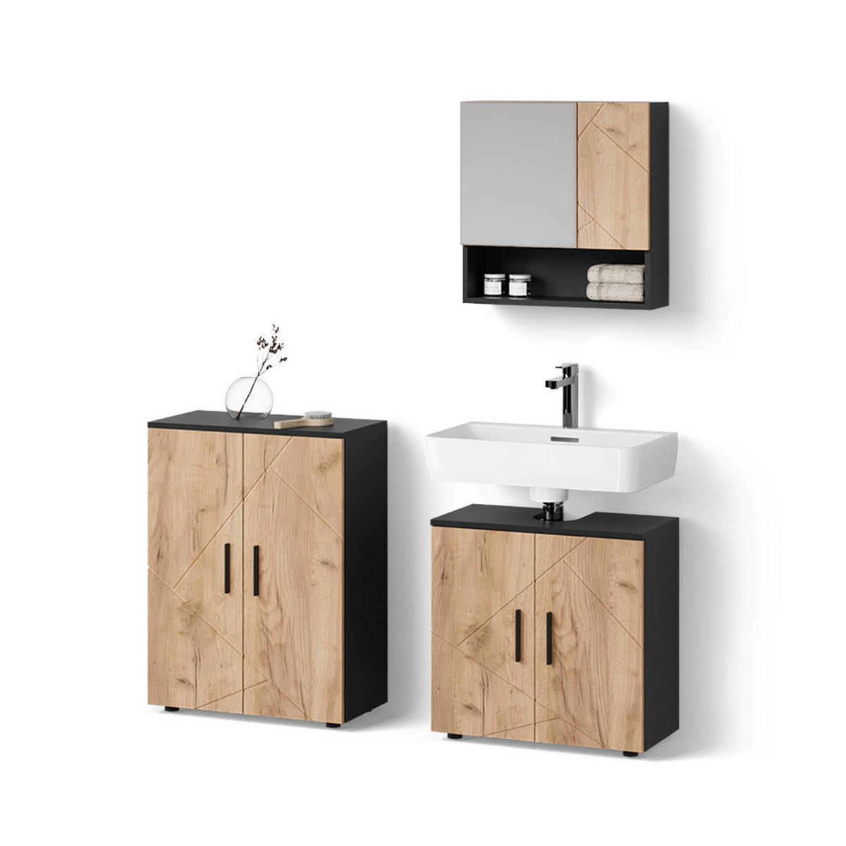 BADMÖBEL-SET Ronco Goldkraft Eiche/Anthrazit 3 Teile, mit Unterschrank 60 cm - Honigeiche/Anthrazit, Holzwerkstoff (60/59/30cm) - Livinity®