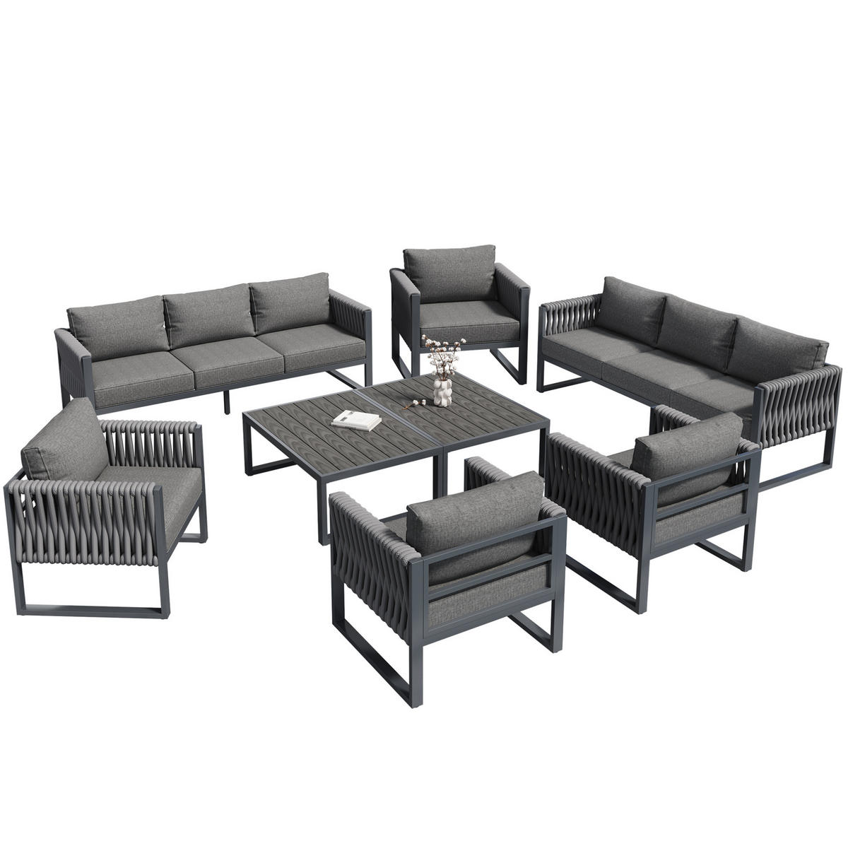 GARTENLOUNGE-SET aus Metall mit Kissen & Tisch, 4 Sessel + 2 Dreisitzer, 167/61/63 cm, Grau - Grau, Metall - Redom