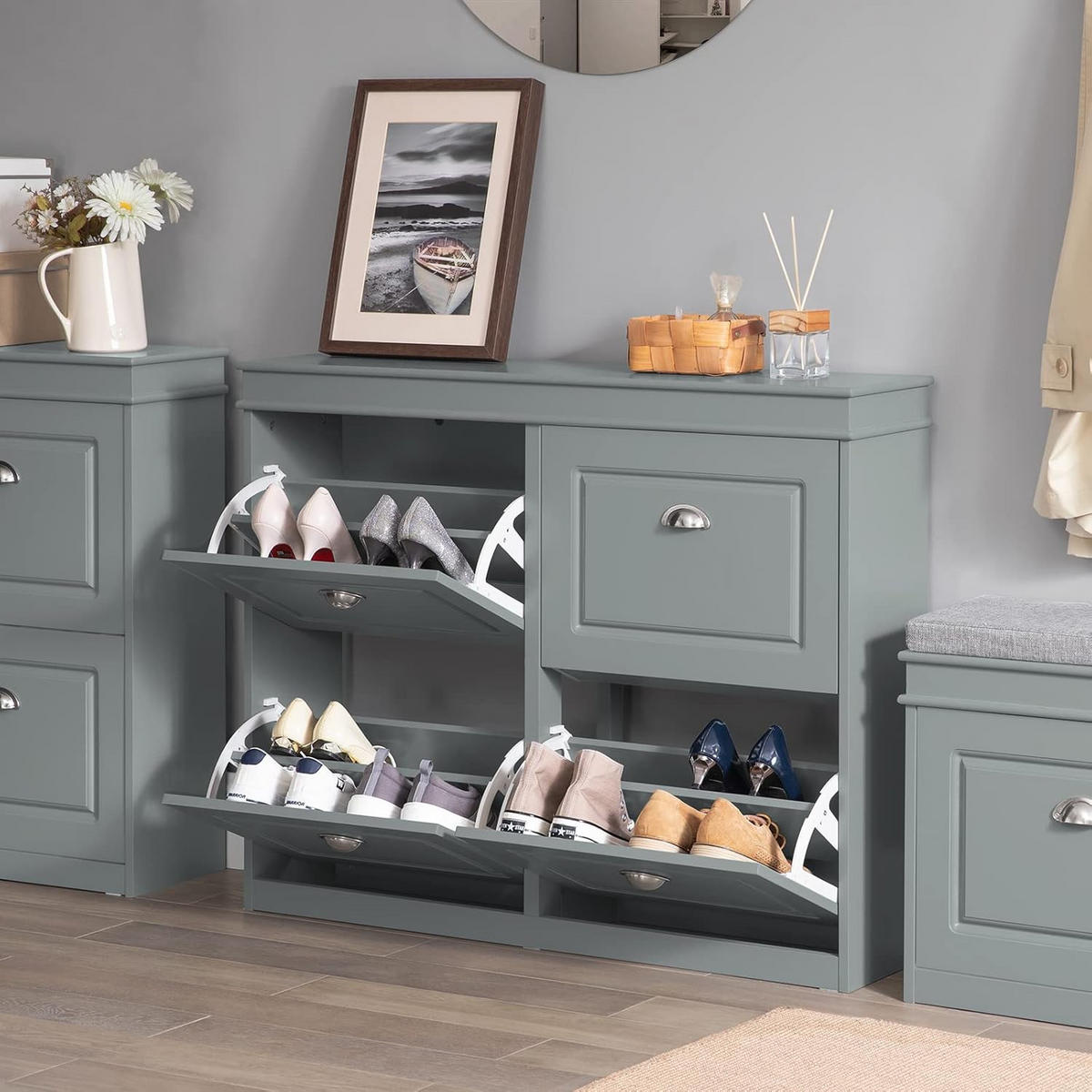 SCHUHKIPPER mit 4 Klappen, mit 8 Ablagen,105x82x24cm Grau - Grau, Holzwerkstoff (82/105/24cm) - Kaket