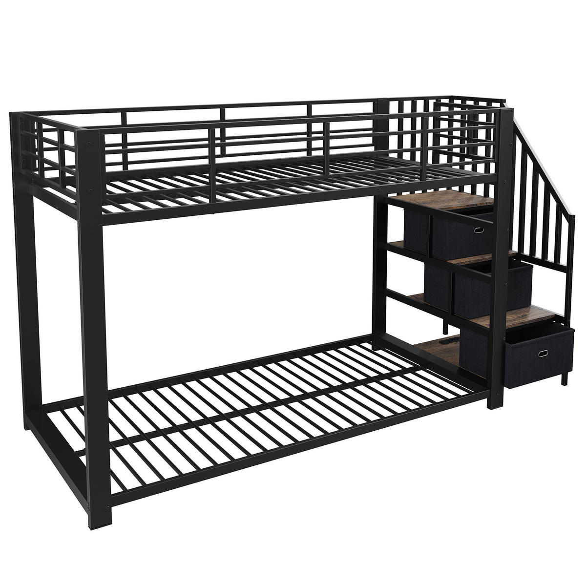 ETAGENBETT 90/200 cm mit Treppe, LED und Steckdose, DE-41957, in Schwarz - Schwarz, Metall (90/200cm) - ComfortXL
