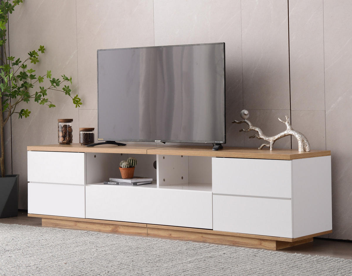 TV-SCHRANK in Weiß und Holzoptik mit 5 Türen und offenen Fächern 180/46/38 cm - Weiß, Holzwerkstoff (180/46/38cm) - Redom