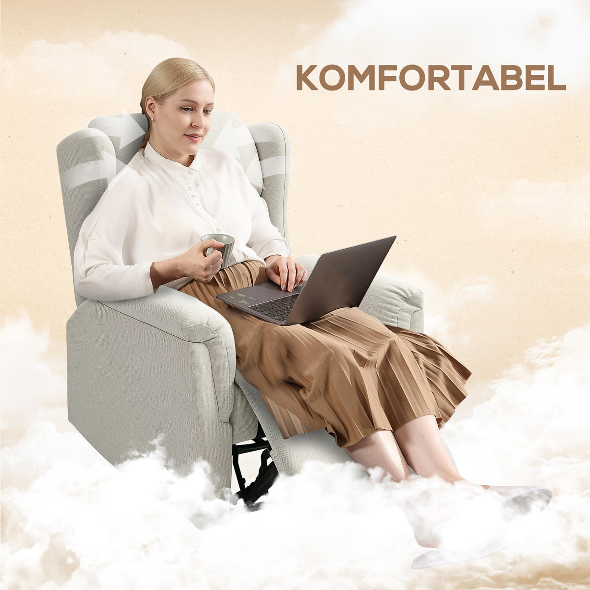 RELAXSESSEL, Fernsehsessel mit Liegefunktion, TV-Sessel mit Taschenfederkern - Beige, Textil/Metall (80/101/94cm) - HOMCOM
