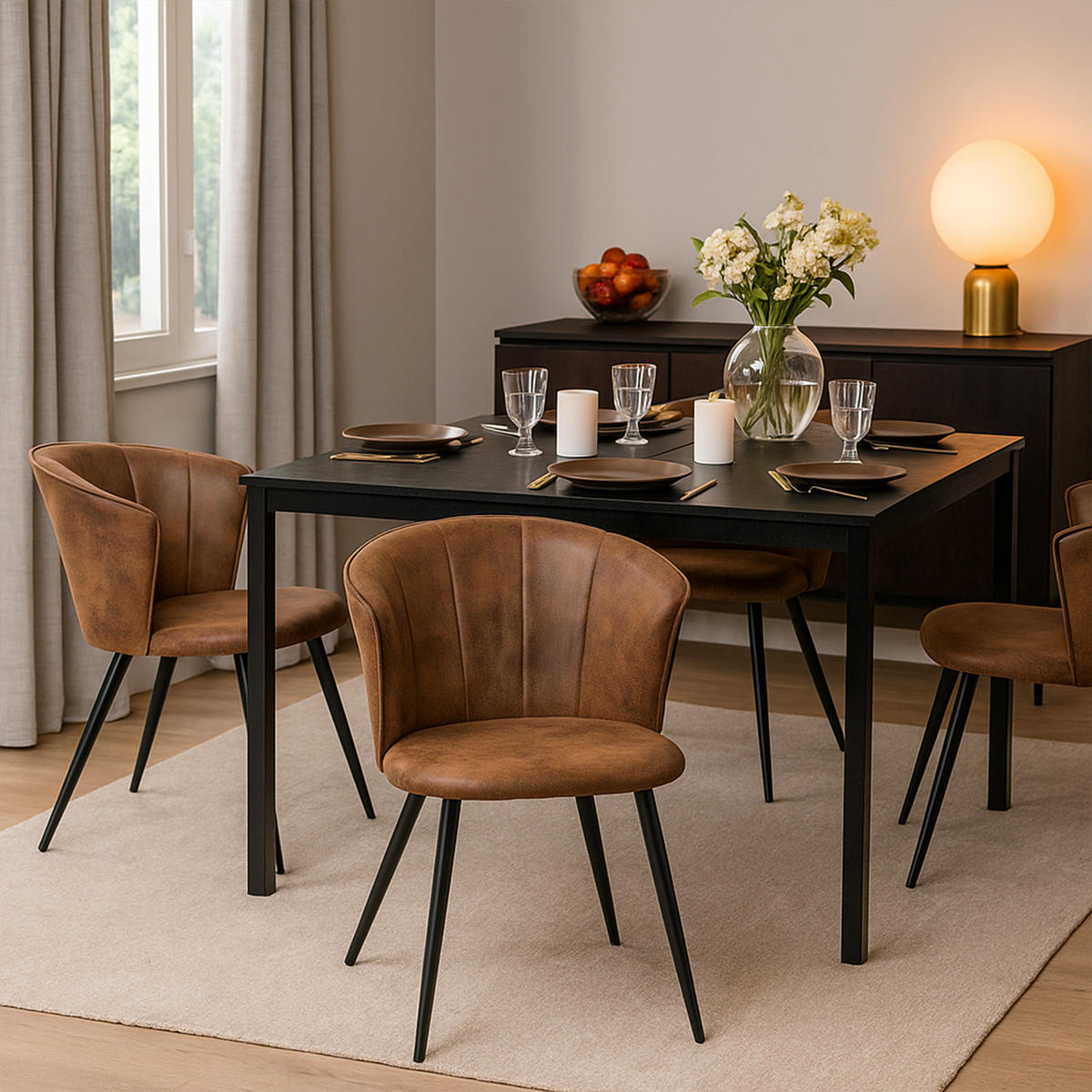 ESSTISCH-SET mit ausziehbarem Tisch und 4 Schalensesseln in Wildlederoptik, Schwarz - Multicolor, Textil (46/74.5/51cm) - Meubles Cosy