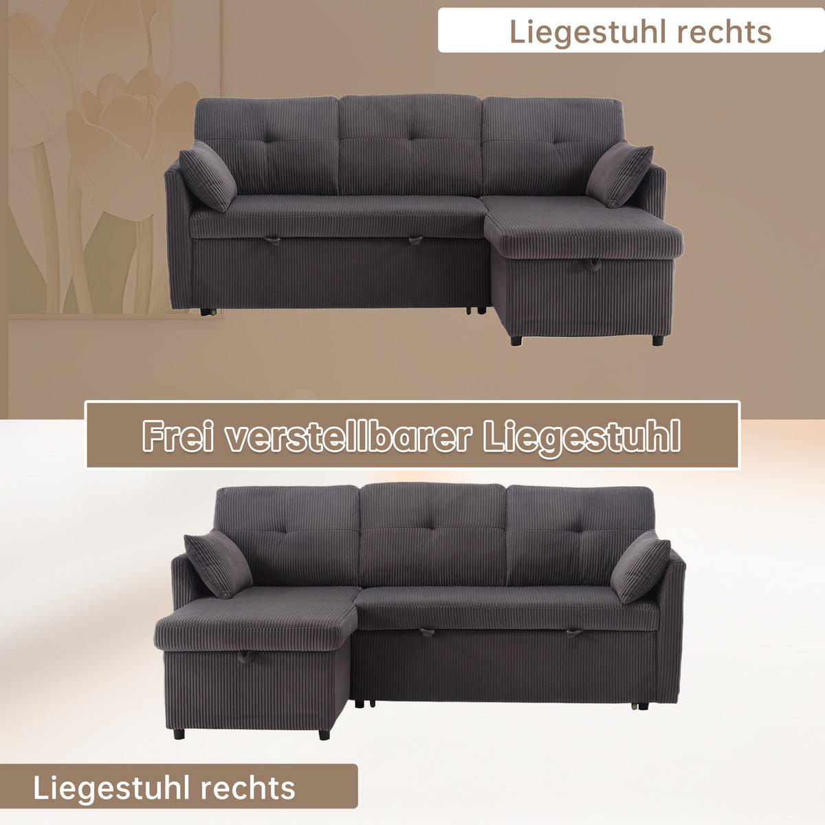 ECKSCHLAFSOFA Cord mit Stauraum und umstellbarer Ottomane Dunkelgrau 206/108/66 cm - Dunkelgrau, Textil (108/206cm) - Redom