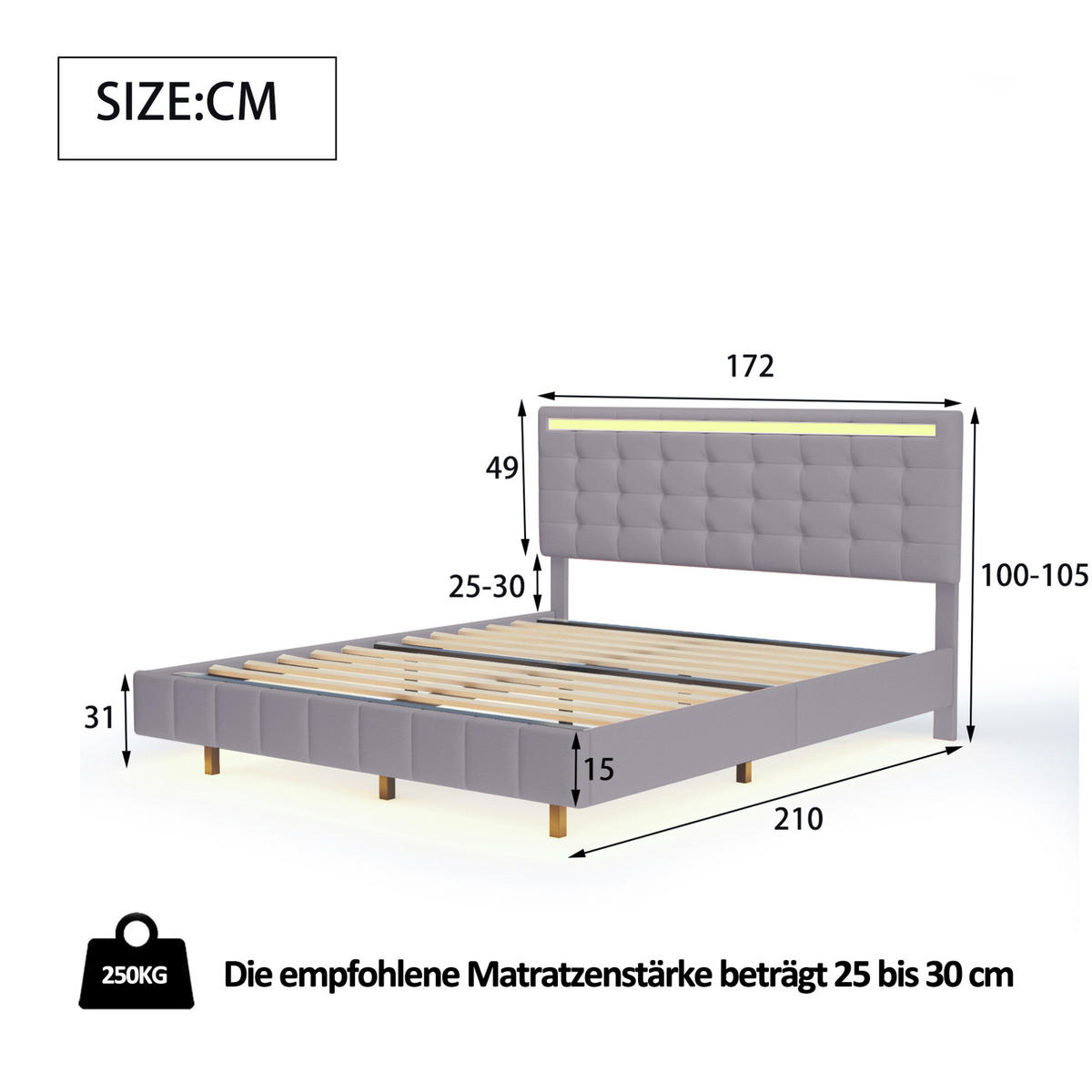 POLSTERBETT 160/200 cm grau mit LED-Beleuchtung und Kopfteil-Design - Grau, Textil (160/200cm) - OKWISH