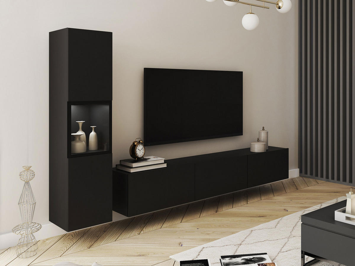 WOHNWAND Berlin I mit weißer LED Beleuchtung - Alufarben/Graphitfarben, Holzwerkstoff/Kunststoff (180/30/33cm) - MIRJAN24