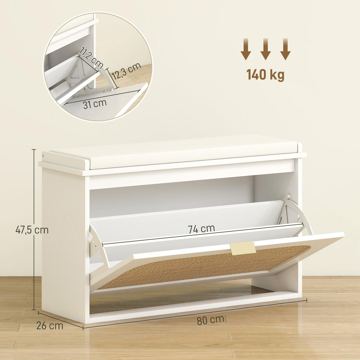 SCHUHBANK Weiß 80/26/47,5 cm - Weiß, Holzwerkstoff (80/47.5/26cm) - PANGIVO