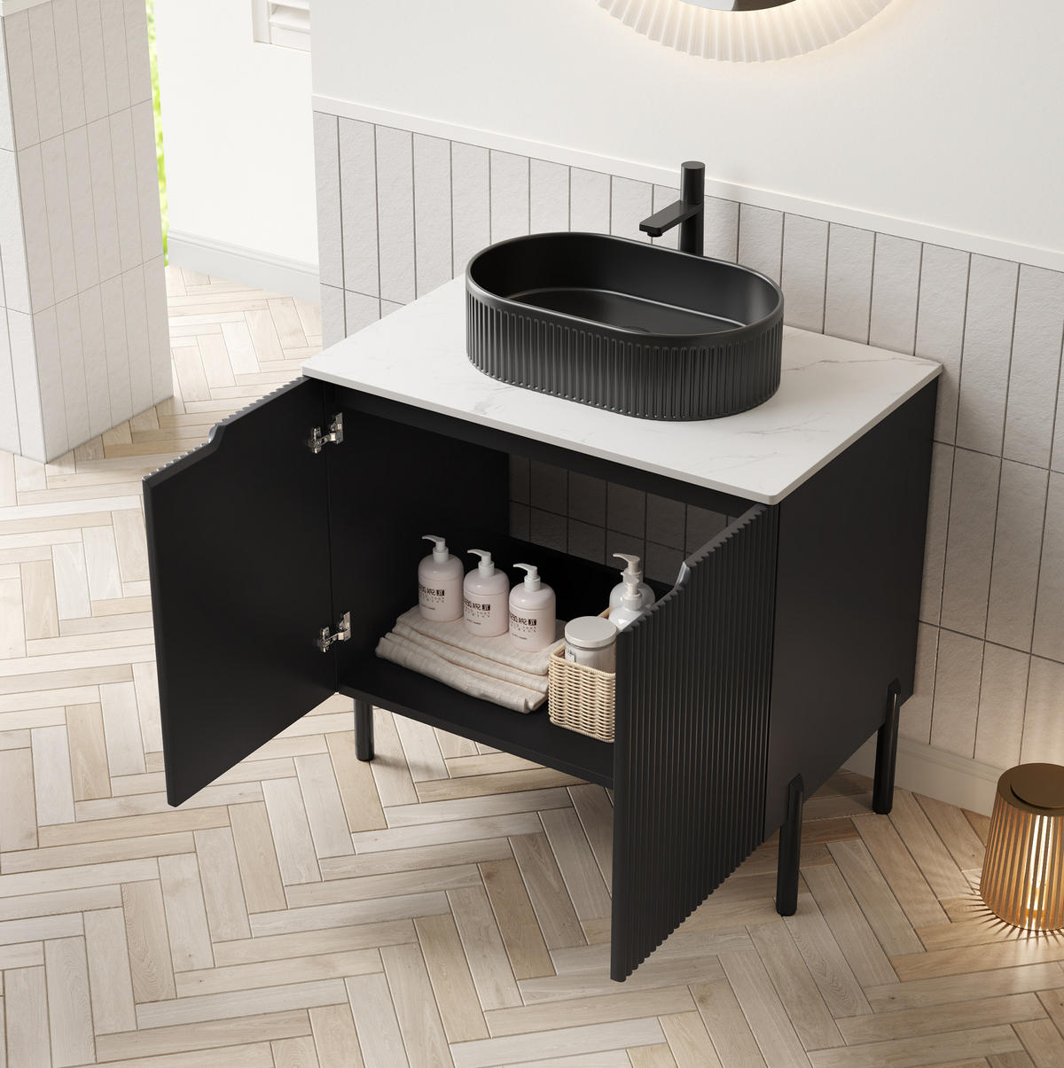 WASCHTISCHUNTERSCHRANK 76x48x88cm in Schwarz mit ovalem Keramikbecken & Soft-Close - Schwarz, Holzwerkstoff (76/88/48cm) - Modfu