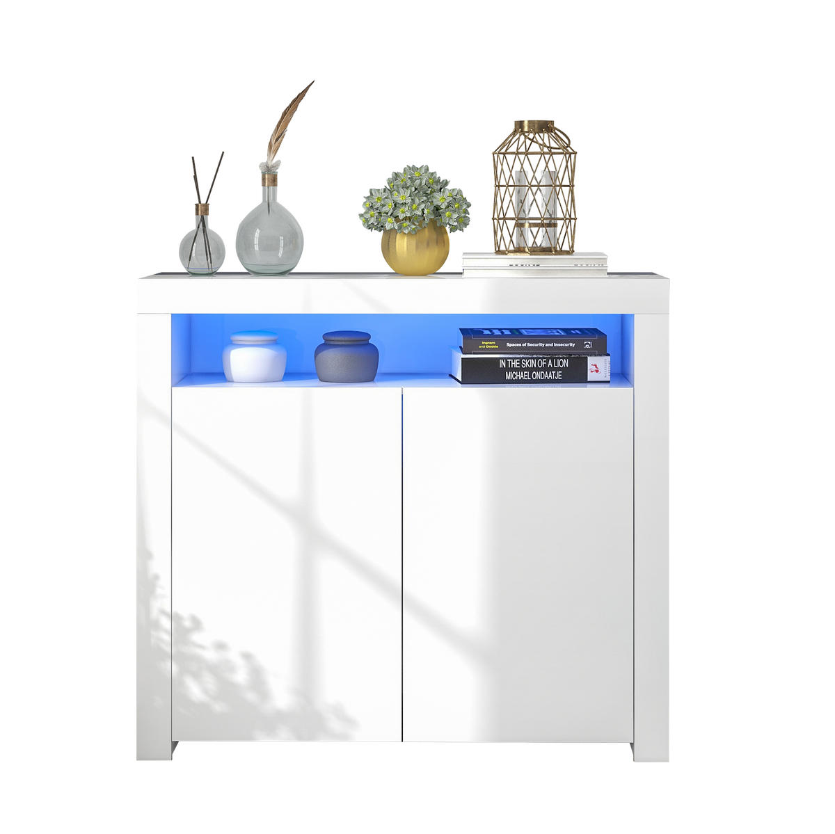 SIDEBOARD 108/40/92 cm weiß aus MDF mit LED-Beleuchtung und Hochglanzfront - Weiß, Holzwerkstoff (108/92/40cm) - OKWISH