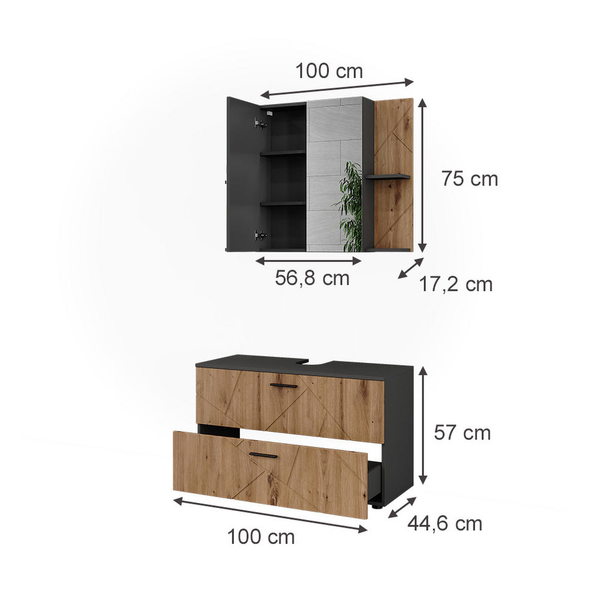 SADA KOUPELNOVÉHO NÁBYTKU Irma Antracit/Artisan - antracitová/dub artisan, kompozitní dřevo (100/57/44.6cm) - Vicco