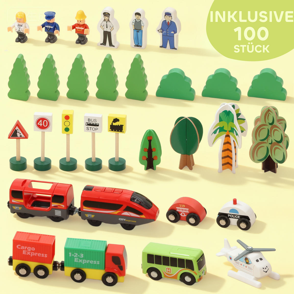 100 Stücke Holzeisenbahn-Set Buchenholz Kunststoff Naturholz - Multicolor, Holz (60/27.5/118cm) - AIYAPLAY