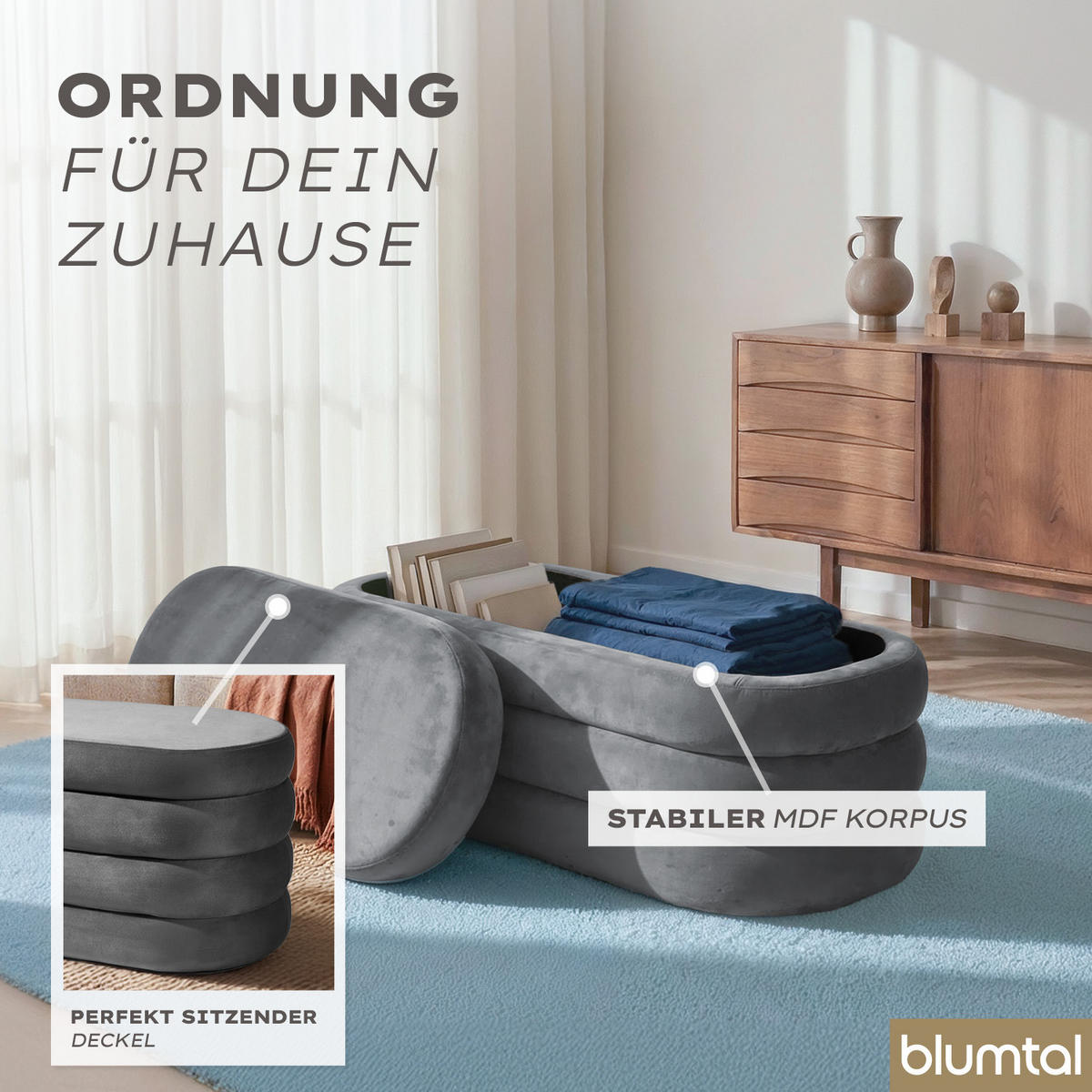 SITZBANK mit Stauraum Oval – Samt Sitztruhe Grau - Grau, Textil (42/42.5/76cm) - Blumtal