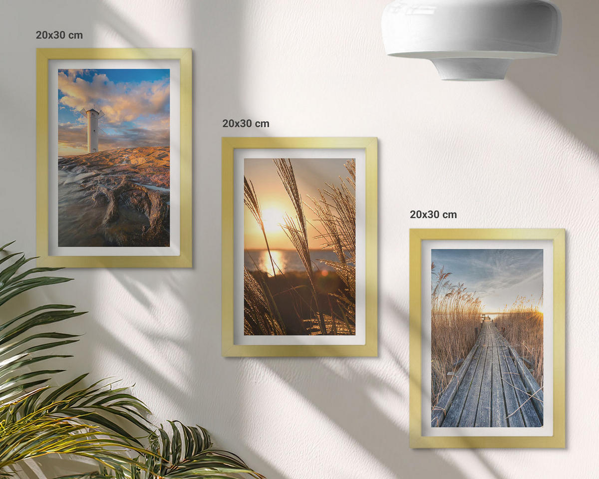 BILDER SET 3er Set - 20x30 cm Goldrahmen - Leuchtturm-Grassteg - Goldfarben, Kunststoff (20/30cm) - TULUP