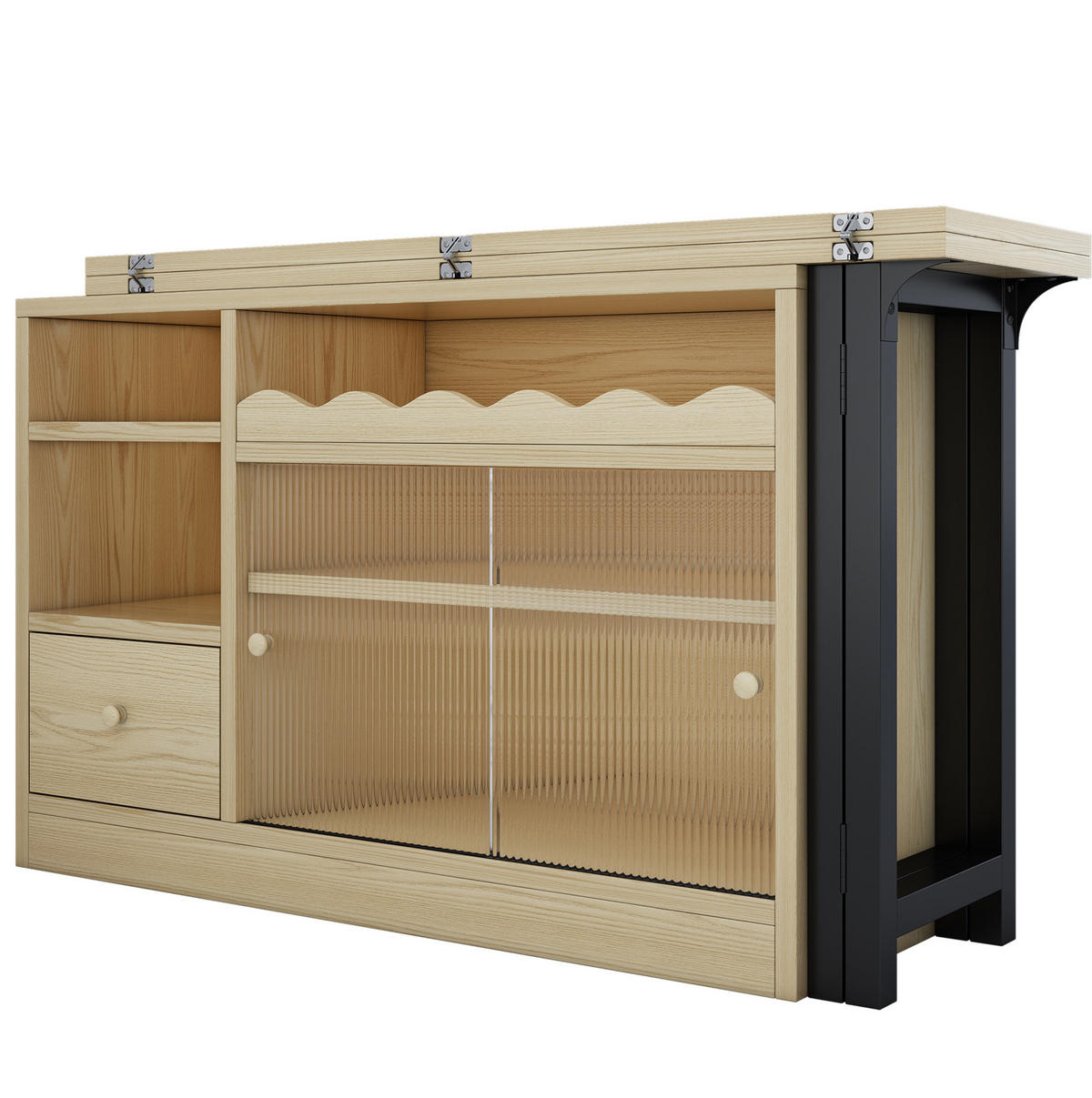 KLAPPBARER Esstisch mit Stauraum, ausziehbarer Tisch und Sideboard in einem, Natur/Schwarz - Naturfarben, Holzwerkstoff (110/120/75cm) - Redom
