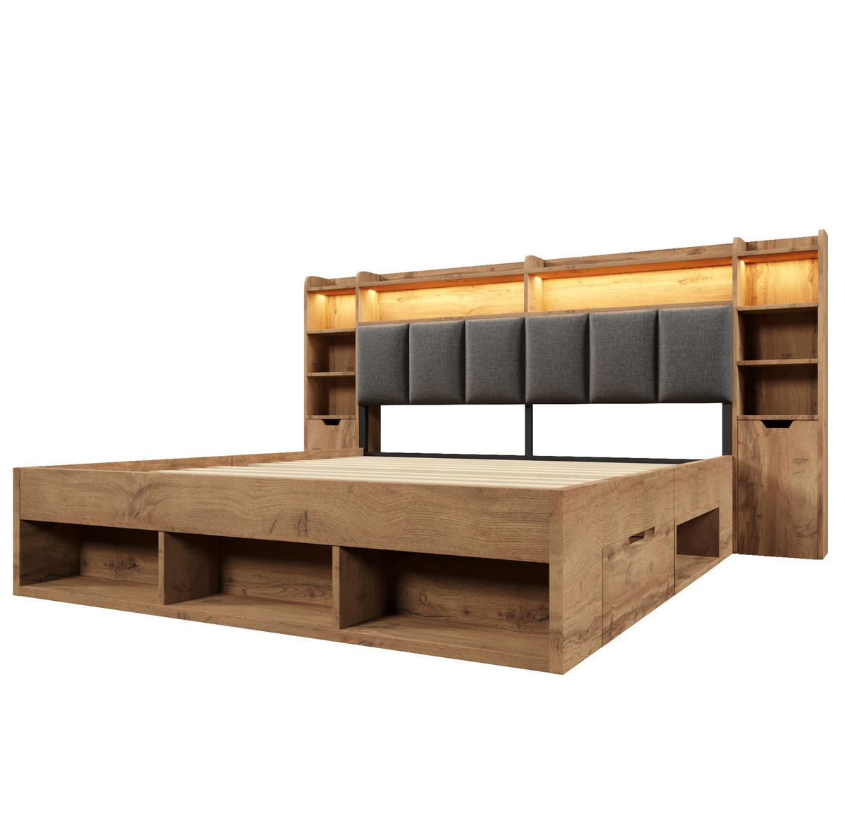 DOPPELBETT 180/200 cm mit LED-Beleuchtung, USB- und USB-C-Anschlüssen, Stauraum und Rollschubladen, Eichefarben - Eichefarben, Holzwerkstoff (180/200cm) - Redom