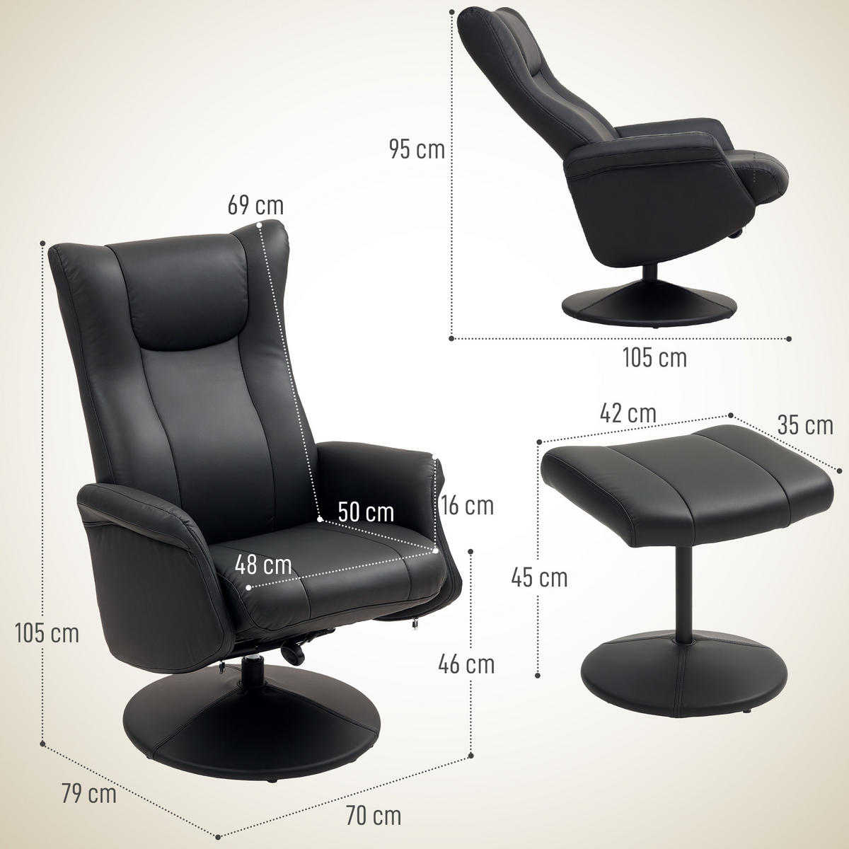 RELAXSESSEL mit Hocker 360°Drehbarer Fernsehsessel mit Liegefunktion Schwarz - Schwarz, Leder/Kunststoff (70/105/79cm) - HOMCOM