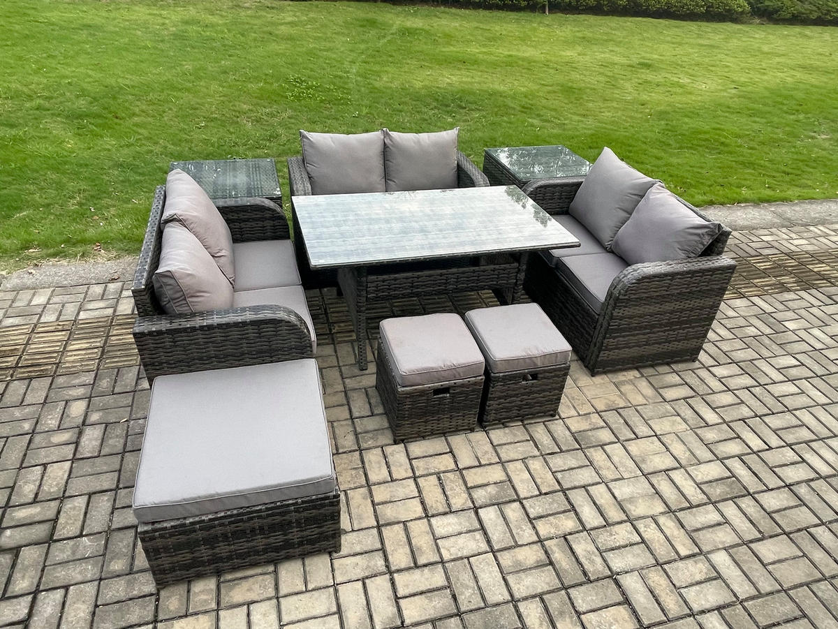 SITZGRUPPE mit Esstisch,Zweisitzer,3 Hockern,Beistelltischen Polyrattan 9-Sitzer - Dunkelgrau/Grau, Glas/Kunststoff - Fimous