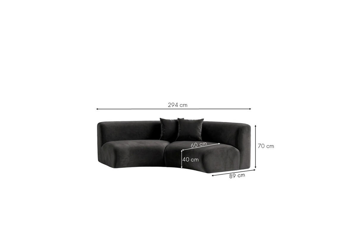 SOFA Round, Velvet-Stoff Bluvel, Schwarz, GRETA - Schwarz, Holz (294/70/89cm) - Kaiser Möbel