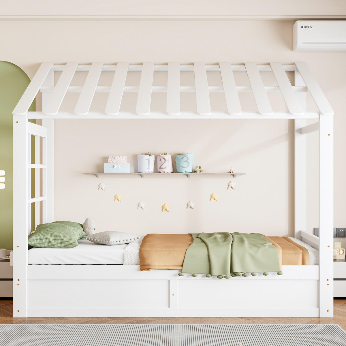 HAUSBETT 90/200 cm mit Dach und hydraulischem Stauraum, DE-41620, in Weiß - Weiß, Holzwerkstoff (90/200cm) - ComfortXL