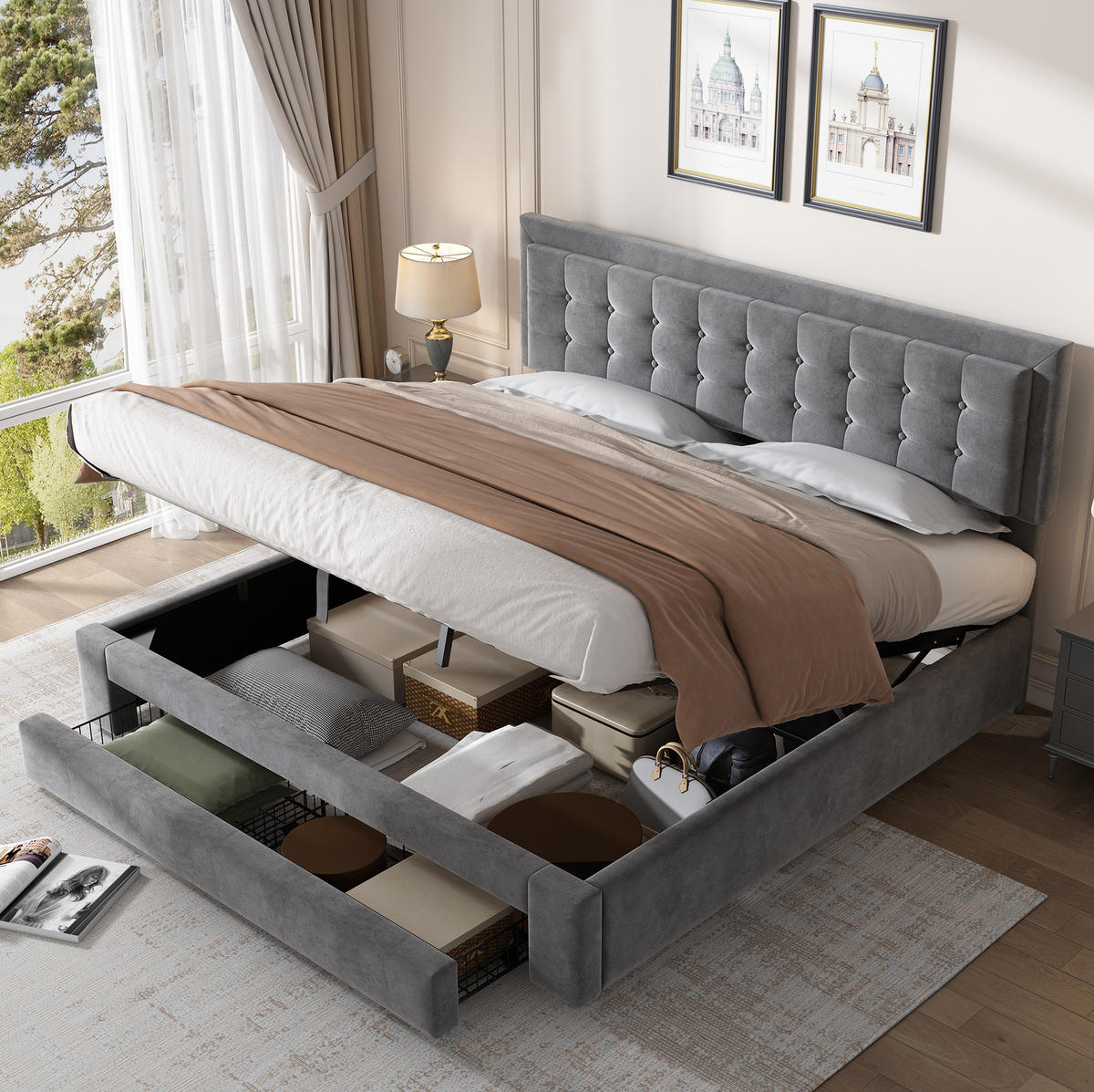 BETT mit Stauraum 160x200 cm Samt Grau - Grau, Metall (160/200cm) - Meubliv