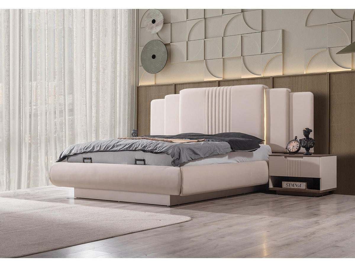 BETTANLAGE SANTO Schlafzimmer-Set, 4-teilig, Beige, Bett mit Kopfteil, 2 Nachttische und Kommode - Beige, Leder/Holzwerkstoff (160/200cm) - Villa Möbel