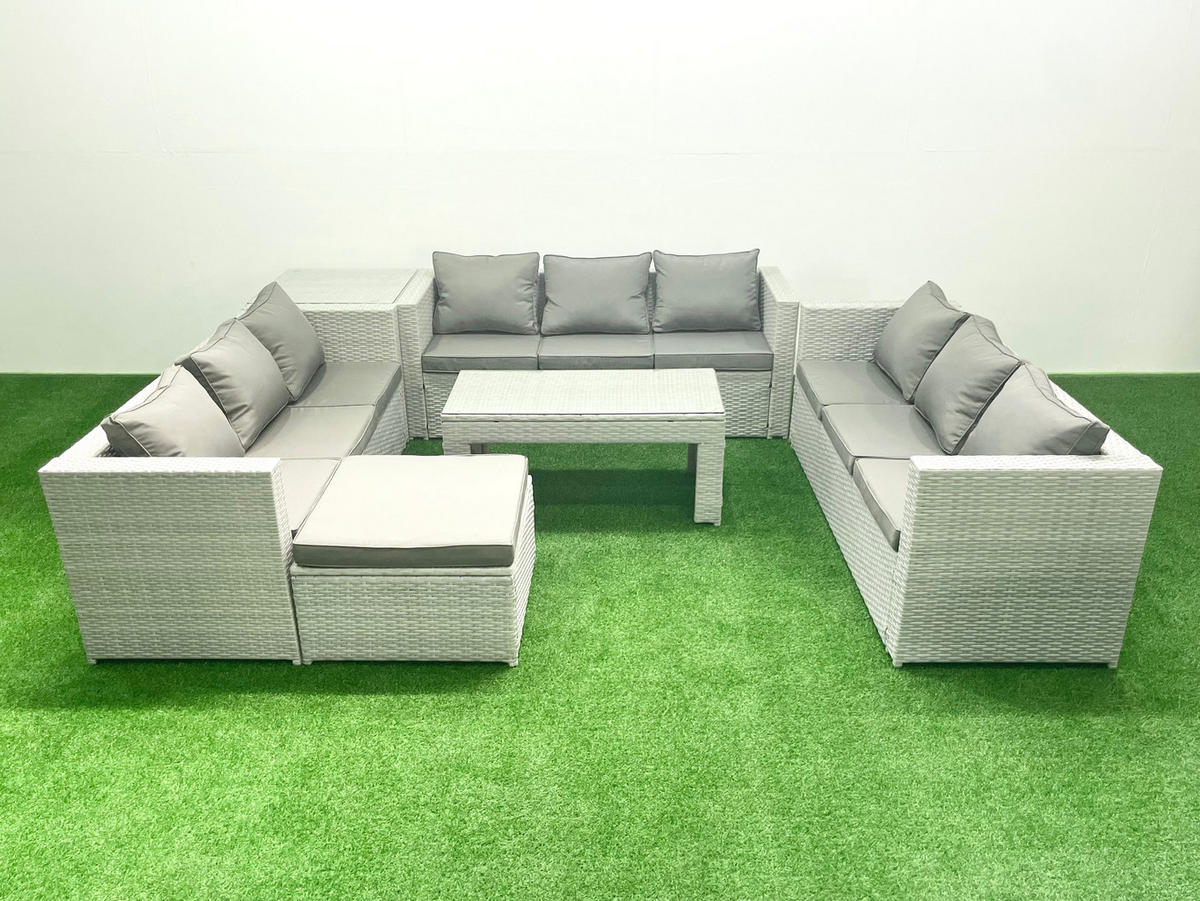 BALKONMÖBEL-SET Polyrattan Hellgrau-Mix 10-teilig - Hellgrau/Grau, Glas/Kunststoff - Fimous