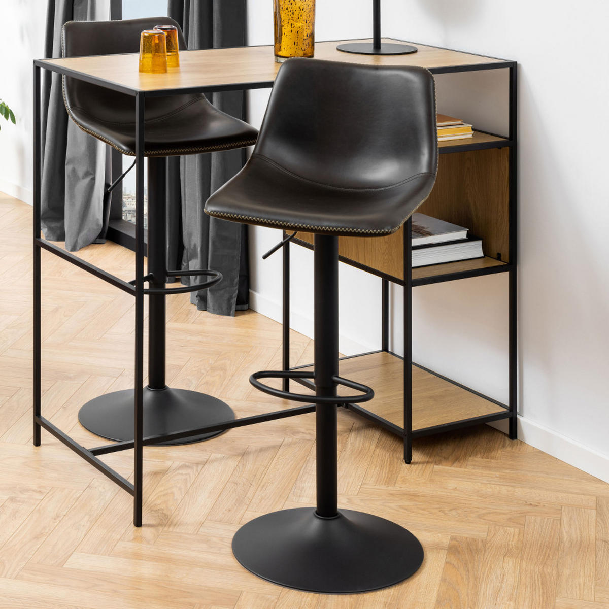 HOCKER höhenverstellbar aus Kunstleder und Metall H61-83cm - Anartia - Schwarz - Schwarz, Naturmaterialien (47/110/51cm) - Drawer