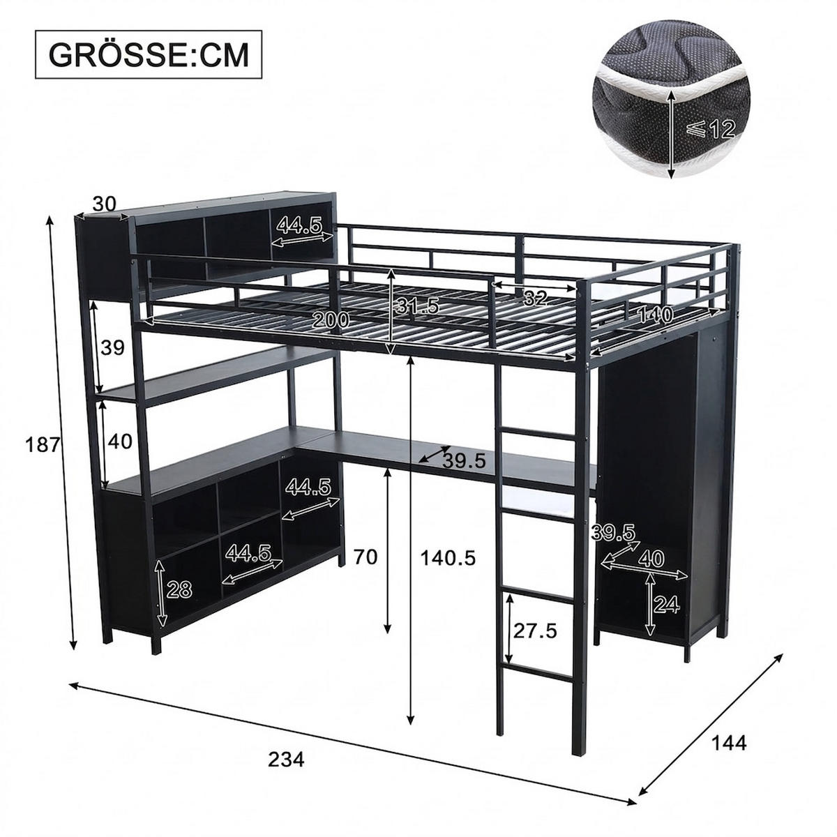 HOCHBETT 140/200 cm Schwarz mit Stauraum und Kleiderschrank - Schwarz, Metall (140/200cm) - Oxeza