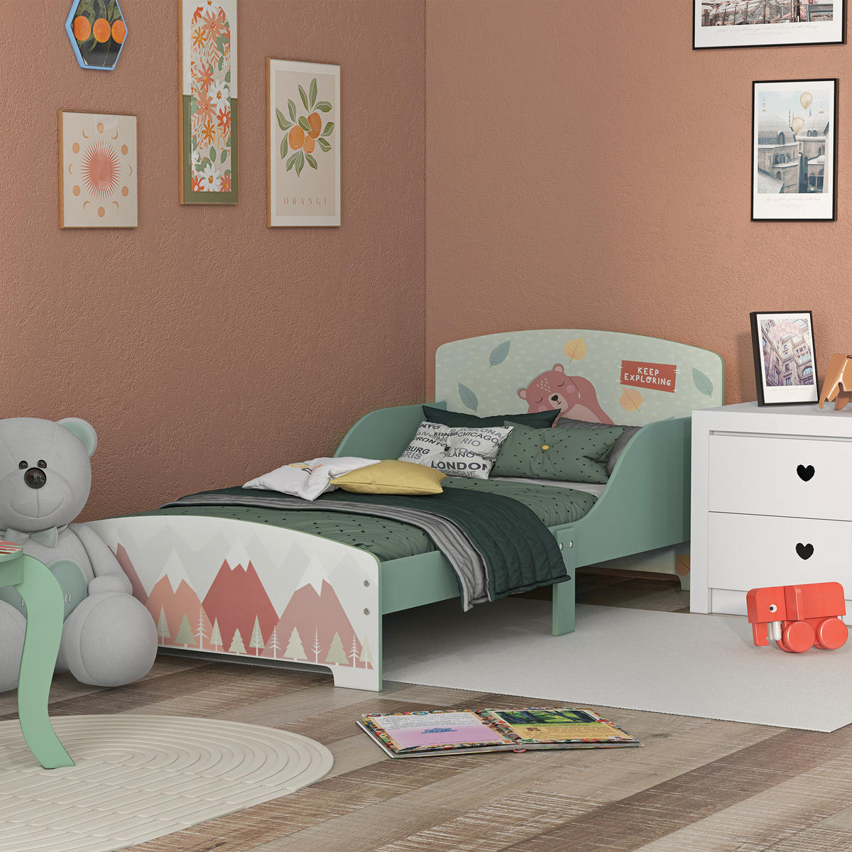 KINDERBETT 140x70 cm DE-14636 mit Sicherheitsbarrieren, Tiermotiv Grün - Grün, Holzwerkstoff (70/140cm) - ComfortXL