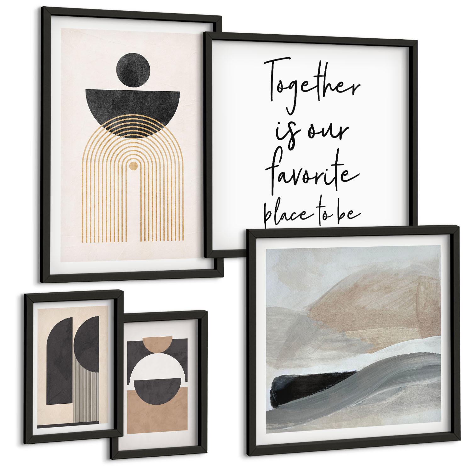 BILDER SET 5er Set - 50x50 cm & 20x30 cm & 40x60 cm Schwarzer Rahmen - Abstrakte Formen beige braun - Schwarz, Kunststoff (40/60cm) - TULUP