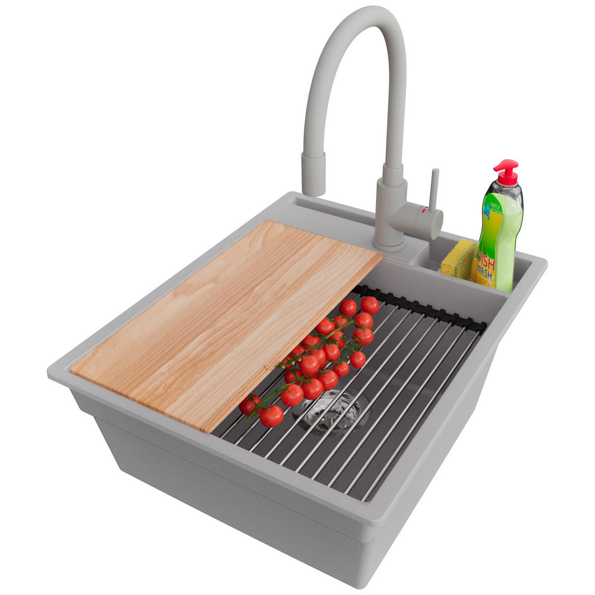 GRANITSPÜLE Oslo Pocket, 2-er set Grau 43/53 cm 1 Becken + Küchenarmatur 38/14 cm + Ablauf-Set + Küchenzubehörset ab 45er Unterschrank - Chromfarben/Beige, Kunststoff (43/20/53cm) - Primagran