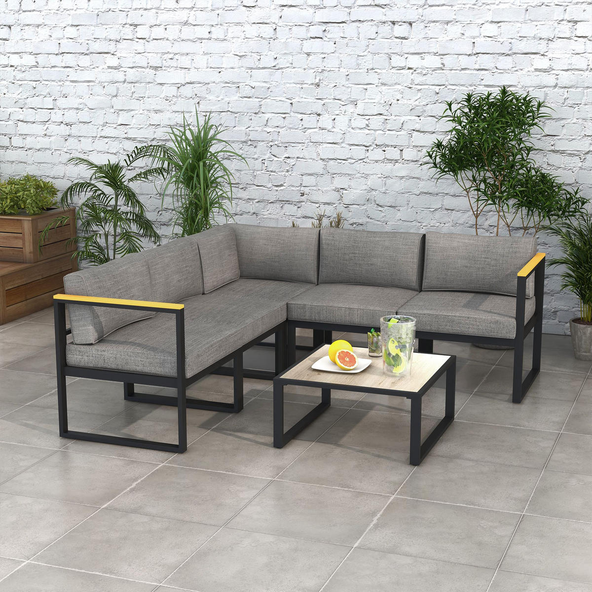 LOUNGEGARNITUR 6-teilig DE-13398 Schwarz/Holzoptik - Grau, Metall - ComfortXL