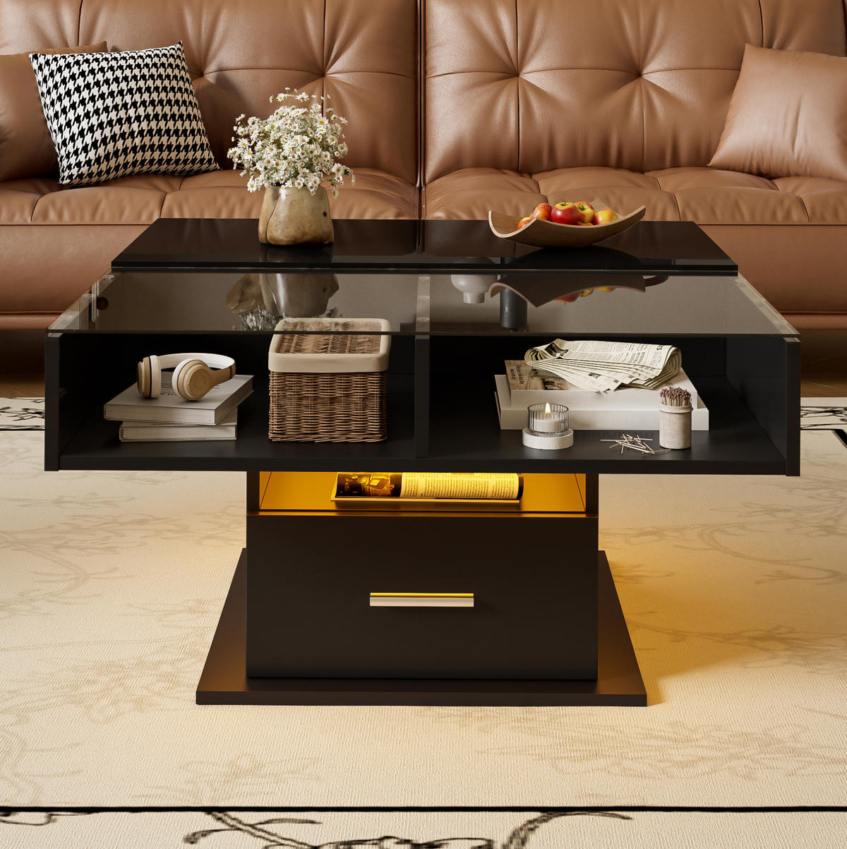 COUCHTISCH aus Spanplatte 78x78x45,5/59,5 cm Schwarz höhenverstellbar mit LED-Beleuchtung und Stauraum - Schwarz, Holzwerkstoff (78/78/59.5cm) - Modfu