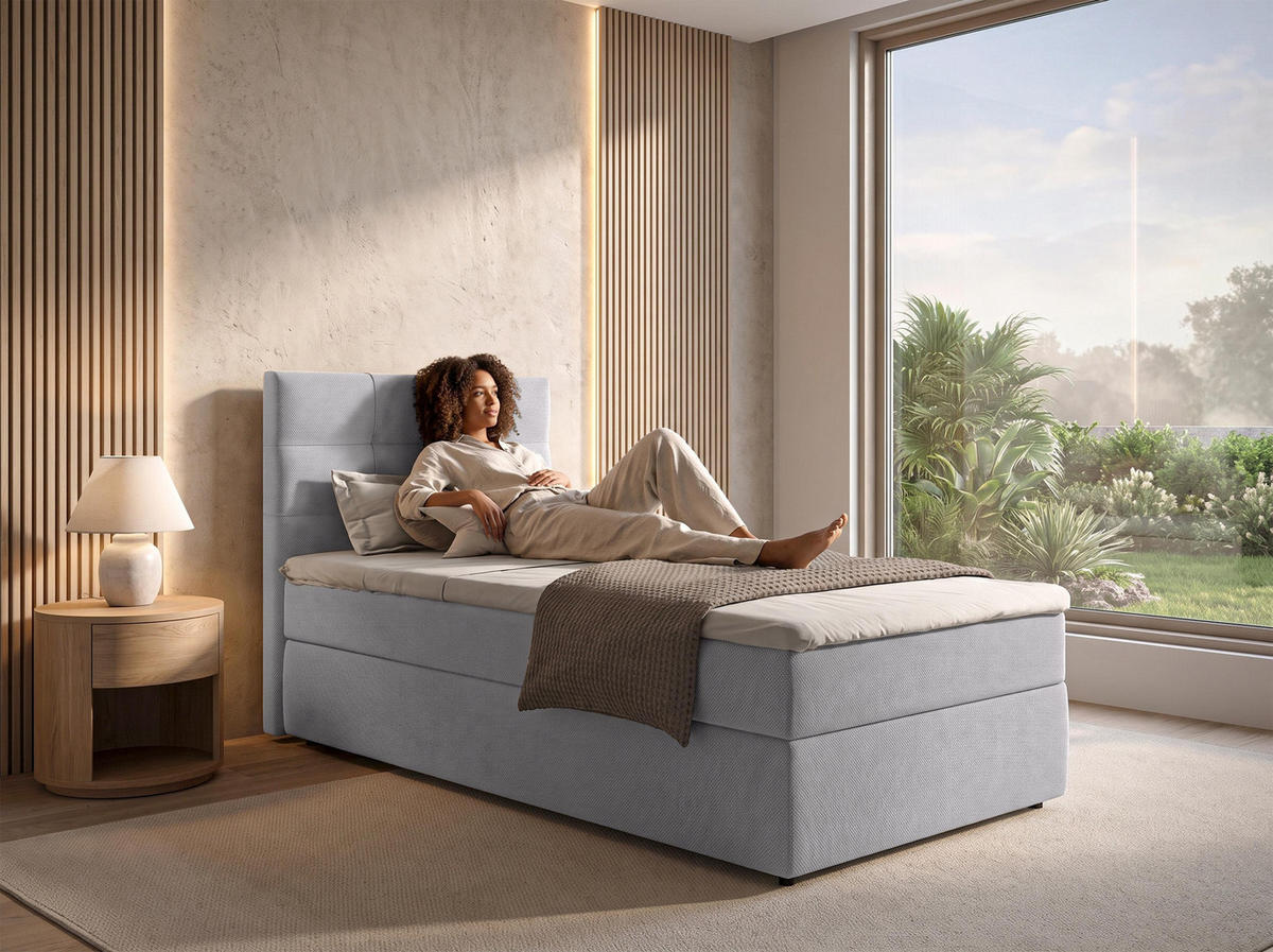 BOXBETT SAKARYA 100x200 cm mit Bettkasten und Matratze - Hellgrau + TOPPER - Hellgrau/Schwarz, Holz/Holzwerkstoff (100/200cm) - AX Living