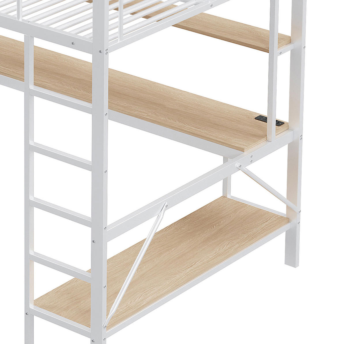 HOCHBETT 140/200 cm in Weiß mit Schreibtisch, Regal, USB und LED-Beleuchtung - Weiß, Metall (140/200cm) - Flora Grace