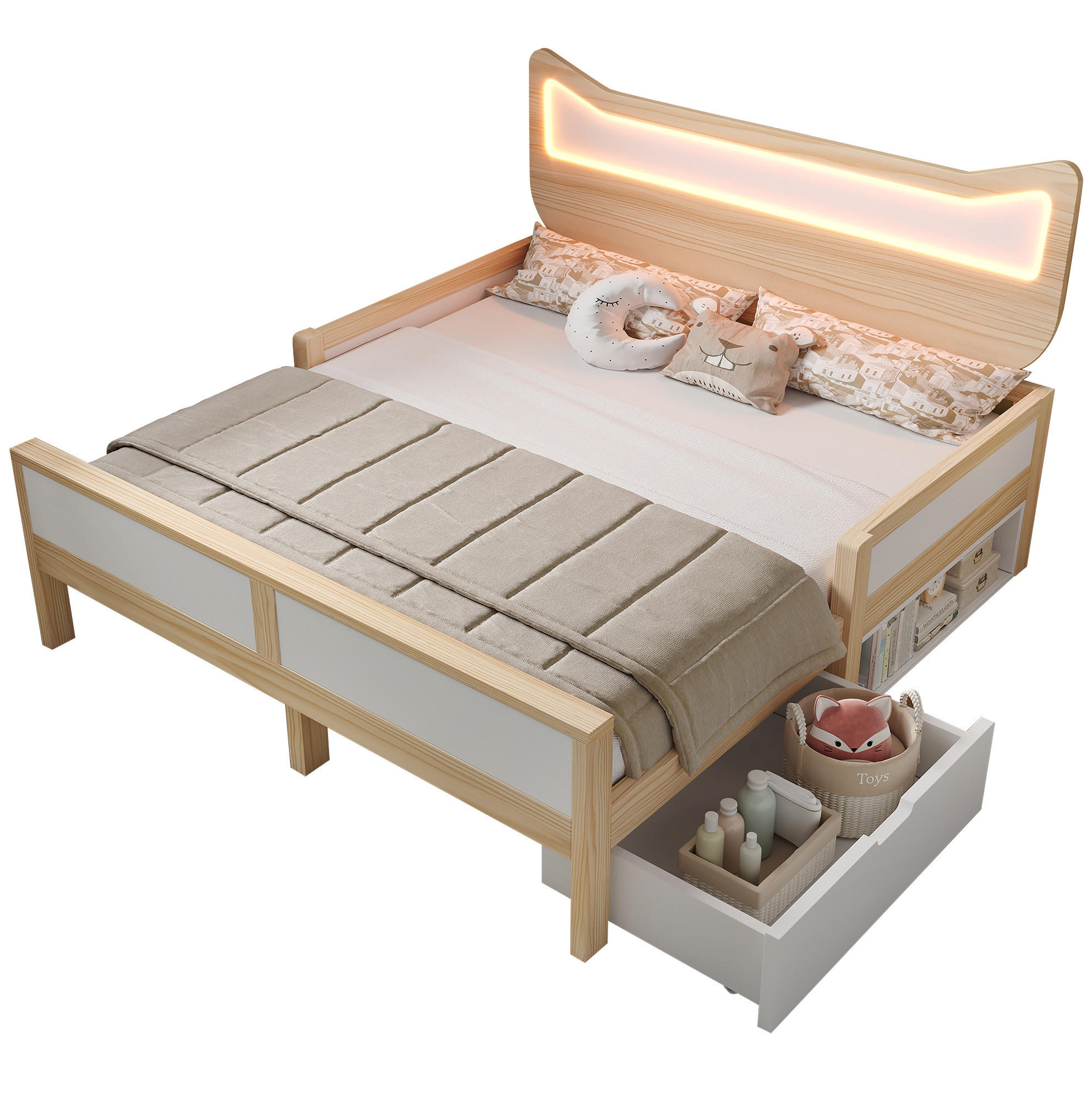 KINDERBETT 140/200 cm mit RGB-LED, Katzenkopfteil, Schublade, Staufach und Schutzgitter, Weiß/Eiche - Weiß, Holzwerkstoff (140/200cm) - Redom