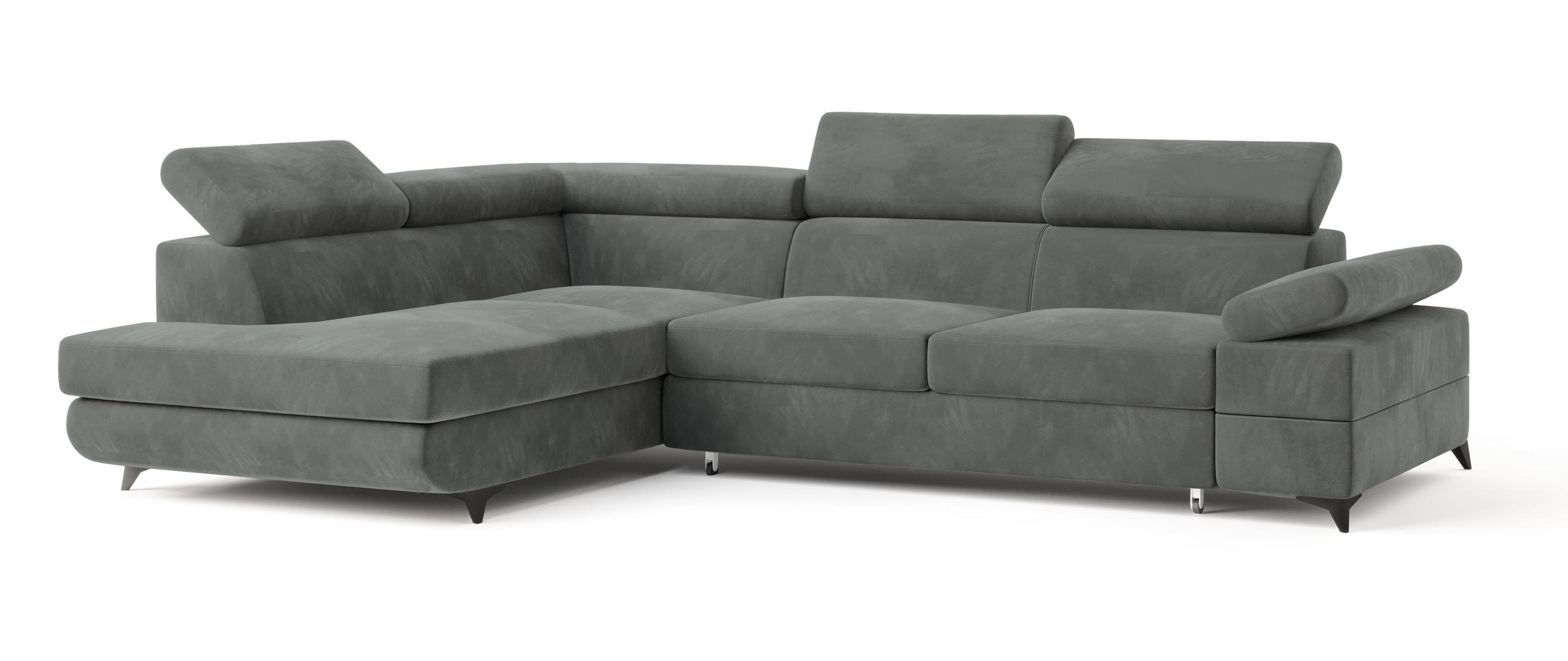 ECKSOFA FAVIEN L-S Grau Velours-Stoff mit Schlaffunktion - Grau, Holz (257/190cm) - MASSENO