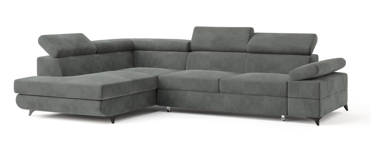ECKSOFA FAVIEN L-S Grau Velours-Stoff mit Schlaffunktion - Grau, Holz (257/190cm) - MASSENO