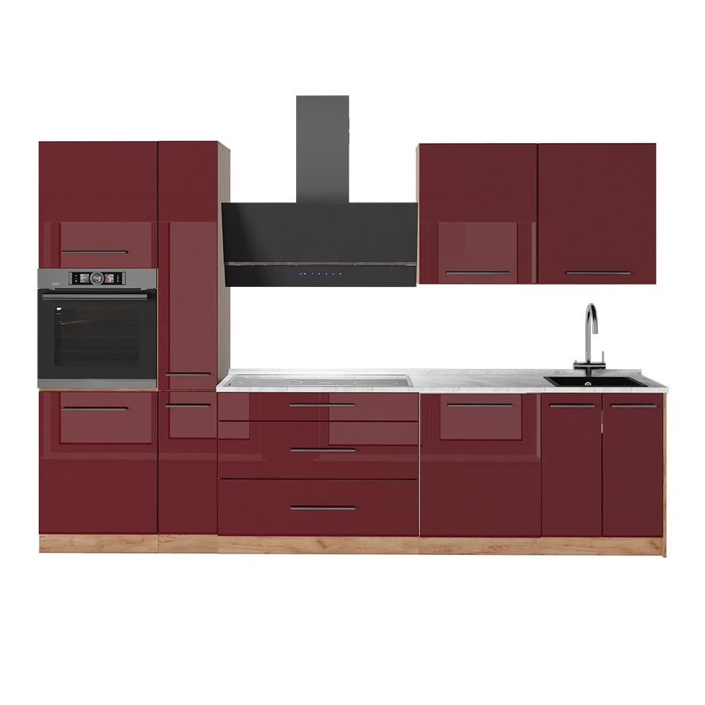 KÜCHENZEILE Fame-Line, Bordeaux Hochglanz/Goldkraft Eiche, 310 cm, AP Marmor - Honigeiche/Bordeaux, Holzwerkstoff (310/206.8/60cm) - Vicco