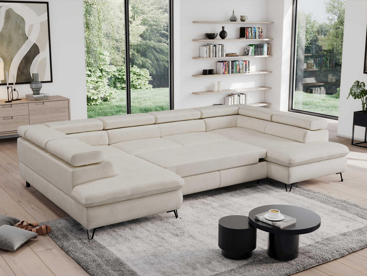 WOHNLANDSCHAFT PEDRO U Samt Creme - Creme/Schwarz, Textil/Metall (346/76/208cm) - MKS