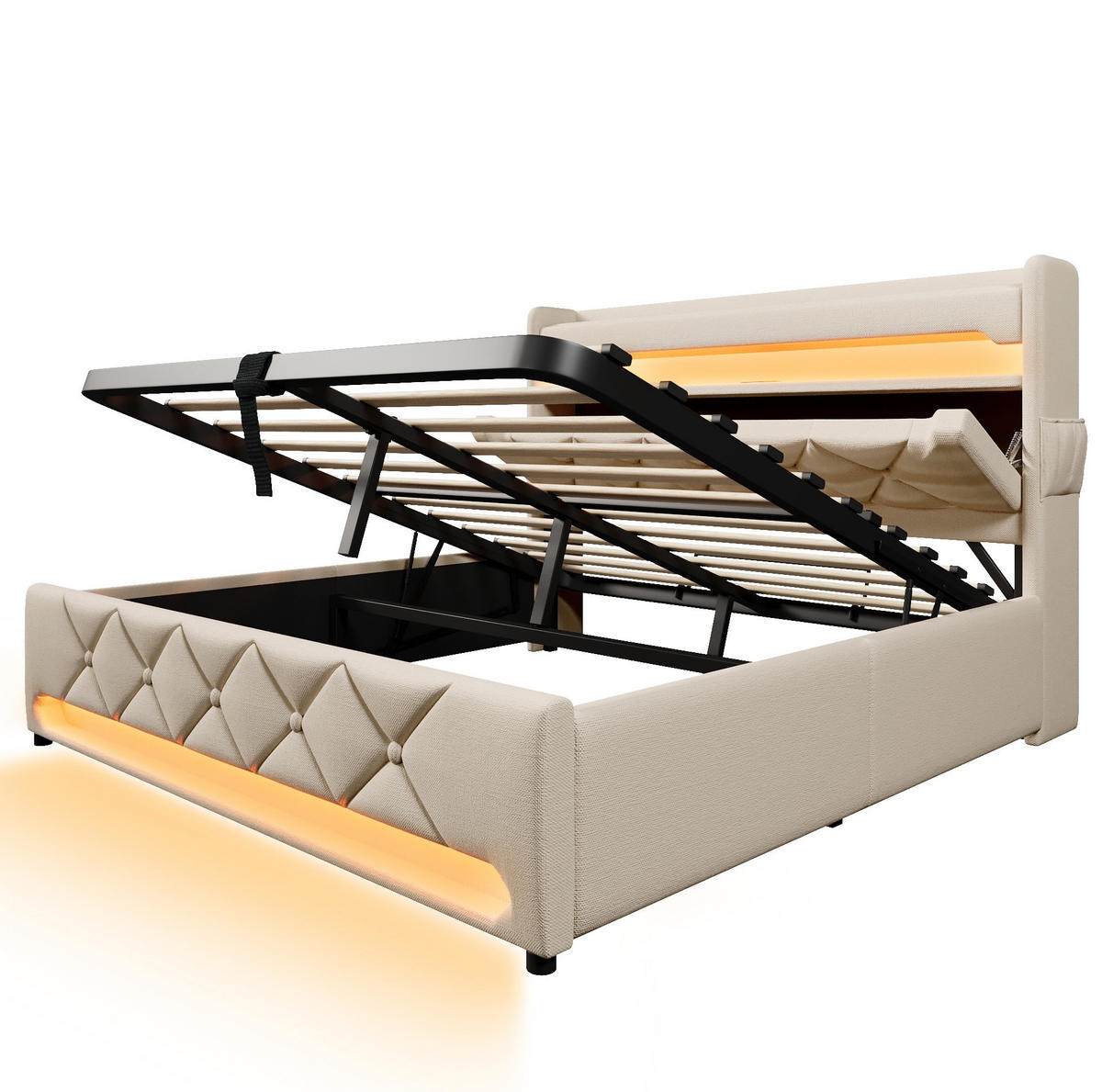 POLSTERBETT 180/200 cm Beige aus Leinen mit Stauraum, LED und USB - Beige, Textil (180/200cm) - Flora Grace